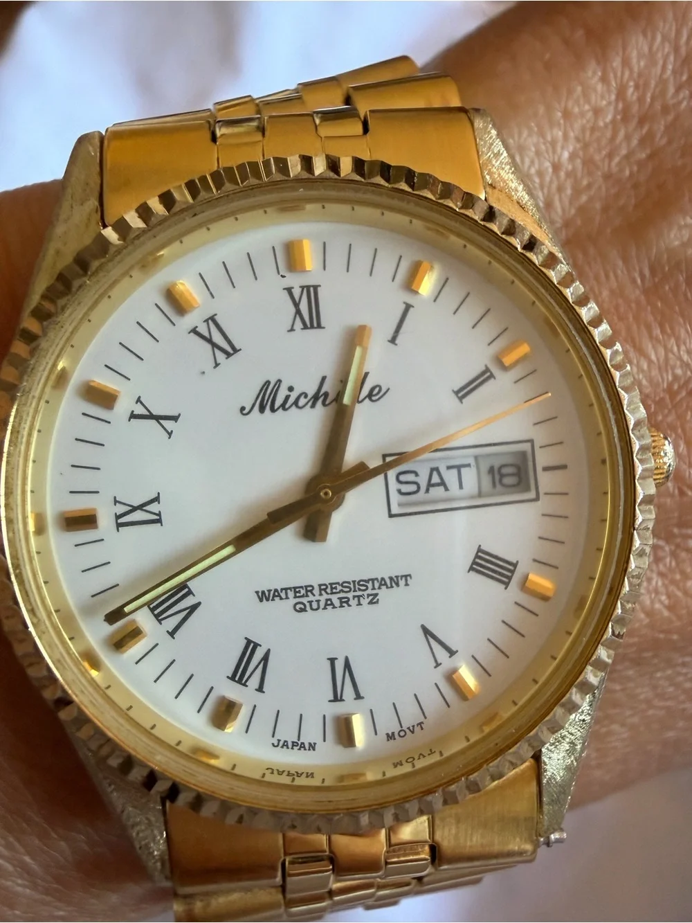 Vintage Michele 33mm Gold Tone Quartz Day Date Watch White Roman Dial - Picture 6 of 15